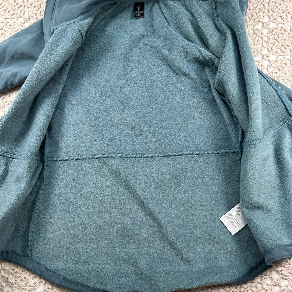 Skechers Blue Fleece Zip Up Jacket Women’s Medium Cozy Athleisure Graphic Back - Picture 3 of 14